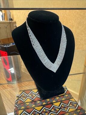 Silver Crystal V-Shape Statement Necklace - Women Jewelry